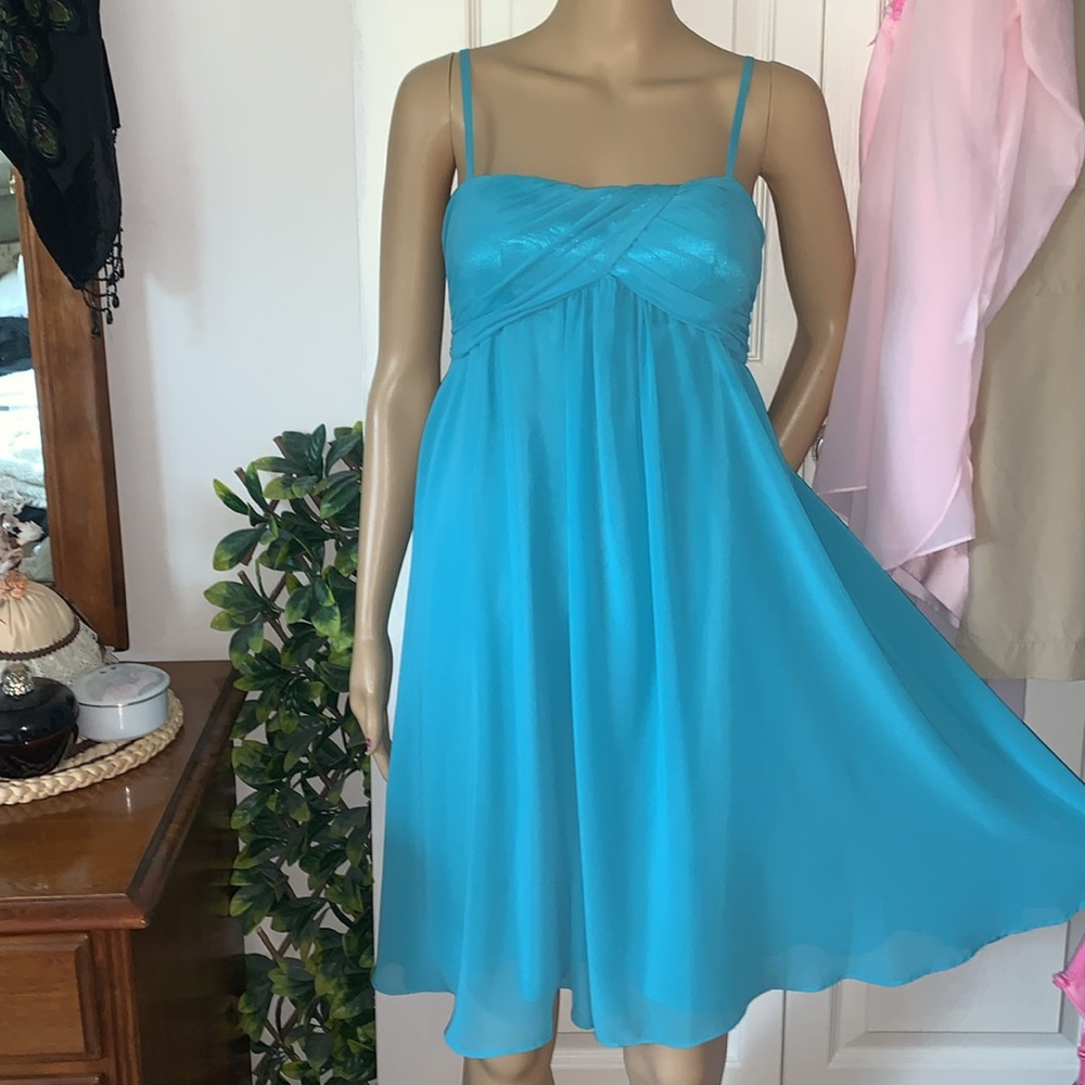 Evan picone turquoise sheer chiffon babydoll swing mini dress S